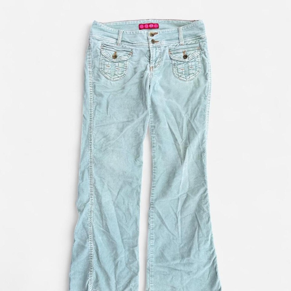 GLO Vintage Y2K Light Wash Flare Corduroy Jeans Low Rise Pink Label Embroidered